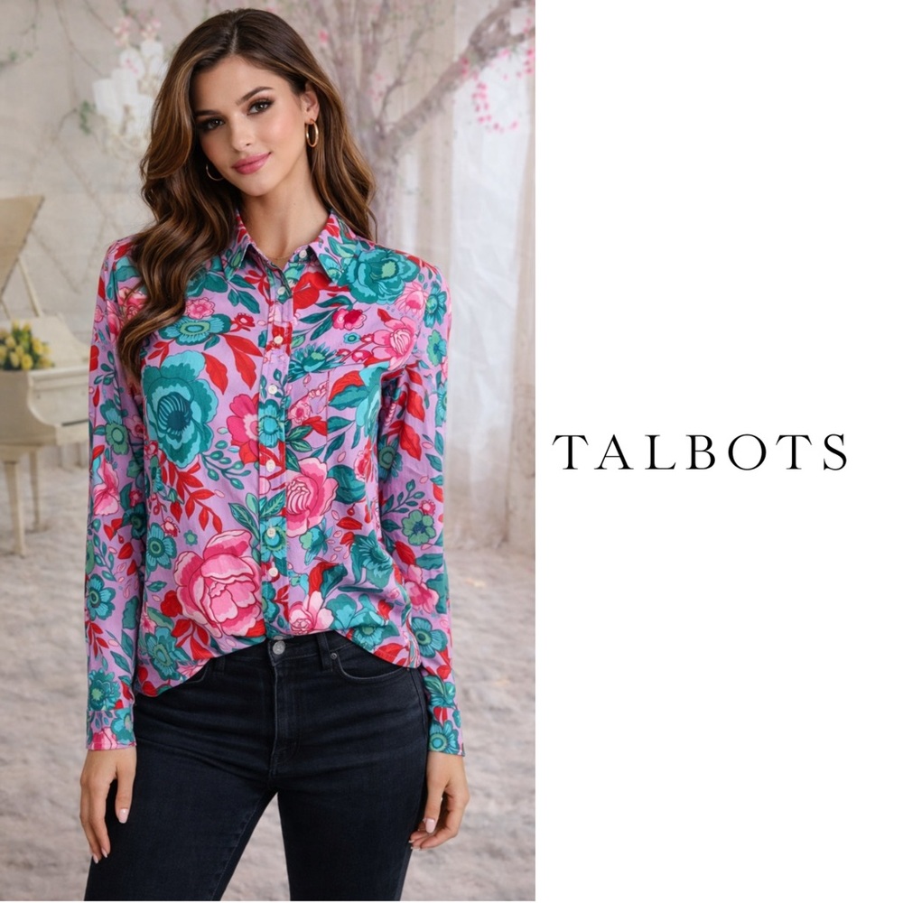 Talbots Floral Button-Up Shirt in Pink and Green - Picture 1 of 11